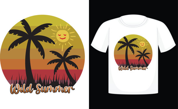 Wild Summer T-shirt, summer, vector, sun, design, beach, sea, horizontal, palm tree, fun, retro, travel, sunlight, t-shirt, vintage, sunset