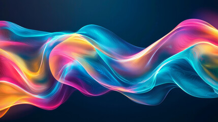 Poster - Vibrant abstract waves in blue, pink, yellow, and green create an energetic and dynamic visual effect, flowing harmoniously against a dark backdrop