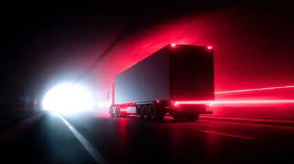 Poster - A truck exits a dark tunnel into bright light. The scene captures motion with vibrant red lights. Ideal for transportation or adventure themes. A striking view. AI