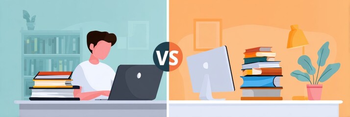 Aufkleber - Comparison of Traditional and Online Learning Methods Highlighting Advantages and Drawbacks of Each Educational Approach in a Modern Layout