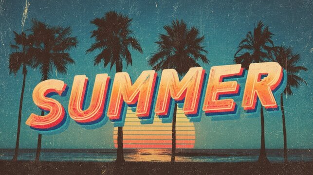 Retro summer banner with 80s-inspired typography, neon gradients, palm trees silhouettes, beach sunset in the background, nostalgic color palette with textured paper grain overlay