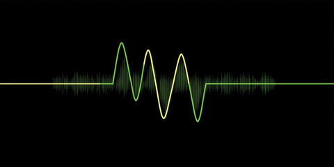 Poster - Abstract sound wave illustration in vibrant green and yellow colors, showcasing rhythmic peaks and valleys against a dark background, representing audio and music concepts