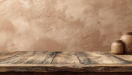 Fototapete - Rustic Wooden Table Against Textured Wall With Clay Jars, Ideal For Product Mockups and Interior Design Inspiration : Generative AI