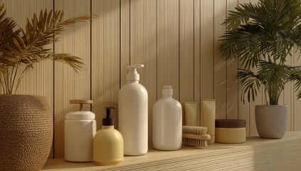 Poster - Spa Products on Wooden Shelf With Plants, Representing Wellness and Self-Care in a Serene Environment for Beauty and Lifestyle Content : Generative AI