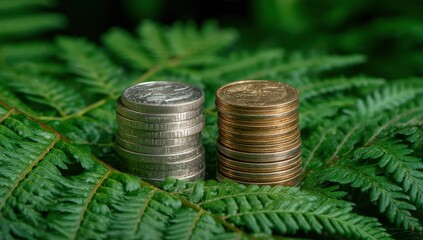 Poster - Stacks of Silver and Gold Coins on Fern Leaves, Symbolizing Sustainable Finance and Green Investment for a Secure Future : Generative AI