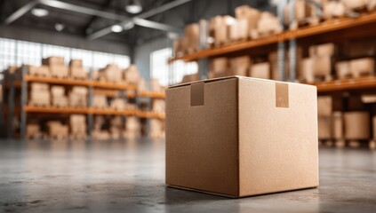 Aufkleber - Cardboard Box in Warehouse Awaiting Shipment, Illustrating Logistics and Supply Chain Management for E-Commerce Business : Generative AI