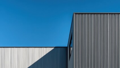 Aufkleber - Modern Industrial Building With Metal Siding Against Clear Blue Sky, Showcasing Architectural Minimalism and Sustainable Construction : Generative AI