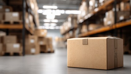 Aufkleber - Cardboard Box in Warehouse Aisle, Symbolizing Logistics, Supply Chain Management, and E-Commerce Fulfillment : Generative AI