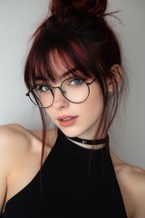 Poster - Portrait of a Young Woman With Red Highlights and Round Glasses, Showcasing Individuality and Personal Expression in a Modern Lifestyle Ad : Generative AI