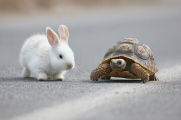 Poster - White Rabbit and Tortoise Face Off on Asphalt, Symbolizing Competition and Perseverance in Business Strategy and Personal Growth : Generative AI