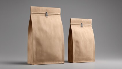 Aufkleber - Two Brown Paper Bags With Zipper Seal on Gray Background, Ideal for Food Packaging Mockup and Product Presentation : Generative AI