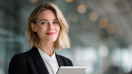 Aufkleber - Confident Businesswoman Smiling While Holding Tablet, Representing Leadership and Digital Transformation in the Workplace Environment : Generative AI