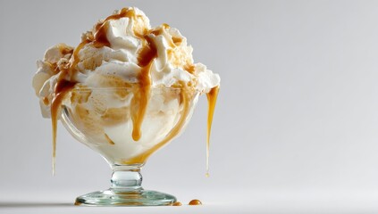 Aufkleber - Delicious Ice Cream Sundae With Caramel Drizzle in Glass Bowl, Representing Indulgence and Sweet Treat : Generative AI