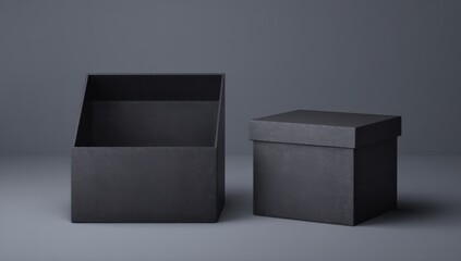 Aufkleber - Two Black Textured Boxes on Gray Background, Representing Minimalist Packaging and Product Presentation for E-Commerce : Generative AI