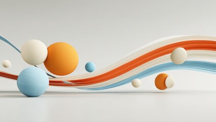 Poster - Abstract Spheres and Flowing Ribbons on White Surface, Representing Creative Problem Solving and Modern Technological Innovation for Business : Generative AI
