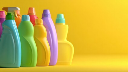Aufkleber - Colorful Plastic Bottles of Cleaning Products on Yellow Background, Representing Hygiene and Household Chores in a Bright and Modern Setting : Generative AI
