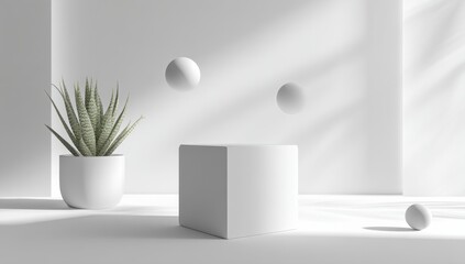 Aufkleber - Minimalist White Product Display With Plant and Spheres, Ideal for Modern Branding and Sustainable Design Concepts : Generative AI