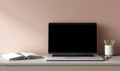 Aufkleber - Laptop and Notebook on Desk in Minimalist Workspace, Representing Productivity and Digital Lifestyle, Ideal for Remote Work and Online Learning Concepts : Generative AI
