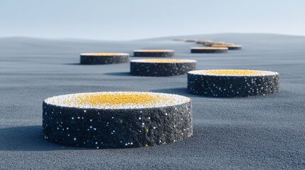 Aufkleber - Black Concrete Blocks Arranged in a Spiral Path with Gold Accents