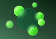 © IRYNA - Green glassmorphism style banner round shape with glowing neon green spheres on dark green gradient background, abstract modern ui style.