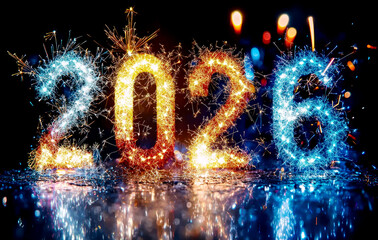 Wall Mural - glowing 2026 numbers made of sparklers with vibrant firework light effects on dark background repres