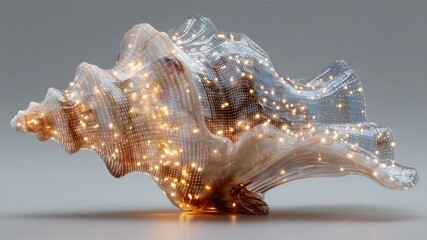 Seashell Illuminated: 3D Render of a Shell with Internal Light Points on Gray Background
