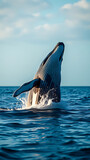 A whale breaching the surface of the ocean vertical