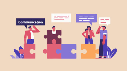 Poster - Teamwork and Communication Concept People Connecting Puzzle Pieces Sharing Ideas and Building Solutions Together in a Collaborative Environment