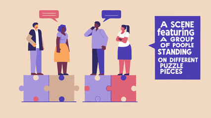 Poster - Diverse Team Standing on Puzzle Pieces Representing Collaboration and Problem Solving in a Modern Business Environment with Speech Bubbles