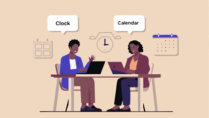 Poster - Business Meeting Illustration with Clock and Calendar Time Management and Scheduling Vector Design with Diverse Professionals Discussing Deadlines and Appointments
