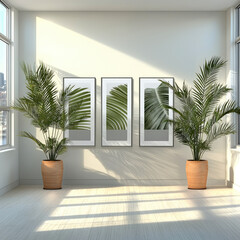 Poster - Large green palm plants in terracotta pots stand in bright modern room with three botanical wall art prints