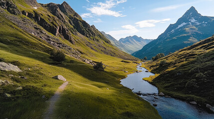Aufkleber - Path through green valley with river, mountain, blue sky, and sunlight creates peaceful landscape