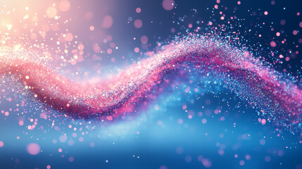 Poster - Dynamic swirl of vibrant pink and blue particles forming a flowing 3D pattern on a smooth blue backdrop