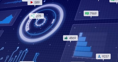 Poster - Dark blue circuit grid background while circular HUD rotating, animating labels pulsing chart bars