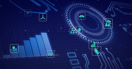 Poster - Grid initiating icons fading in, bar chart filling around ring in flat design dashboard