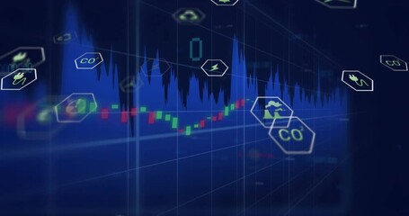 Poster - Waveform emerging on 3D grid causing hex icons drifting and bars sliding showing energy trends
