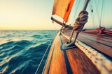 close-up view of sailboat deck and rigging at sunset during peaceful open sea sailing