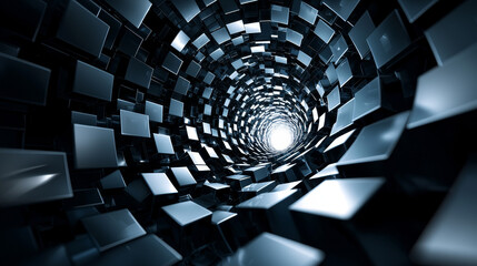 Poster - Abstract 3D Cubes in Spiral Motion Towards Light Source, Creating Depth and Contrast Against Dark Background, Enhancing Visual Impact and Dynamic Atmosphere