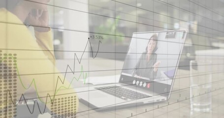 Poster - Remote colleague speaking activating financial graphs while woman using smartphone in office