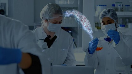 Aufkleber - Holographic globe appearing guiding partners at lab microscope examining colored flasks via laptop