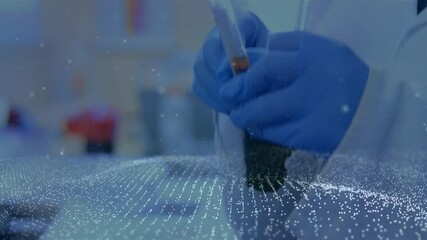 Poster - Gloved hand entering from right grabbing test tube, rotating inspecting sediment under mesh overlay