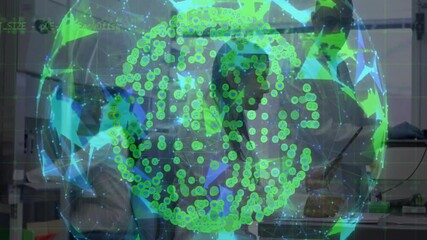 Poster - Woman tapping tablet to adjust hologram sphere, team studying data nodes for technology research