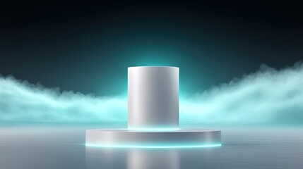 Aufkleber - Clean White Cylindrical Product Pedestal with Cyan Fog and Black Background