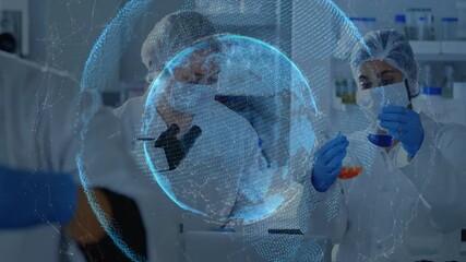 Aufkleber - Scientists using microscope and flasks while activating spinning holographic globe in lab for study