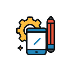 Leinwandbilder - Iconic illustration of a smartphone, gear, and pencil, representing design and development.