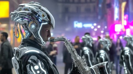 Aufkleber - A futuristic urban street scene featuring a robot saxophonist dressed in silver and black armor and a high-tech helmet, holding a cyberpunk chrome saxophone.