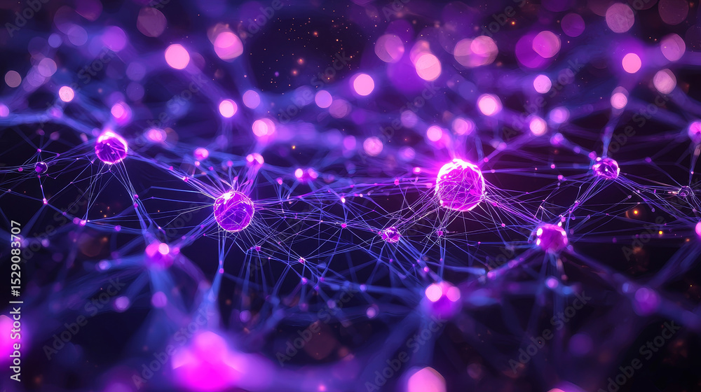 Glowing purple neural network with interconnected nodes and synapses ...