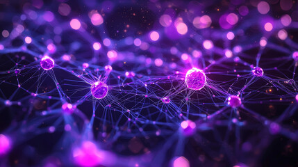 Poster - Glowing purple neural network with interconnected nodes and synapses, illustrating brain communication, AI, and digital technology