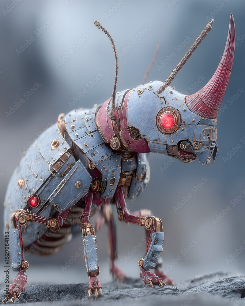 Futuristic Insects Futuristic robotic beetle with horned head, red glowing eyes and ...