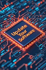 Poster - Circuit board with Update Your Software on processor emphasizing cybersecurity awareness featuring interconnected orange and blue glowing pathways